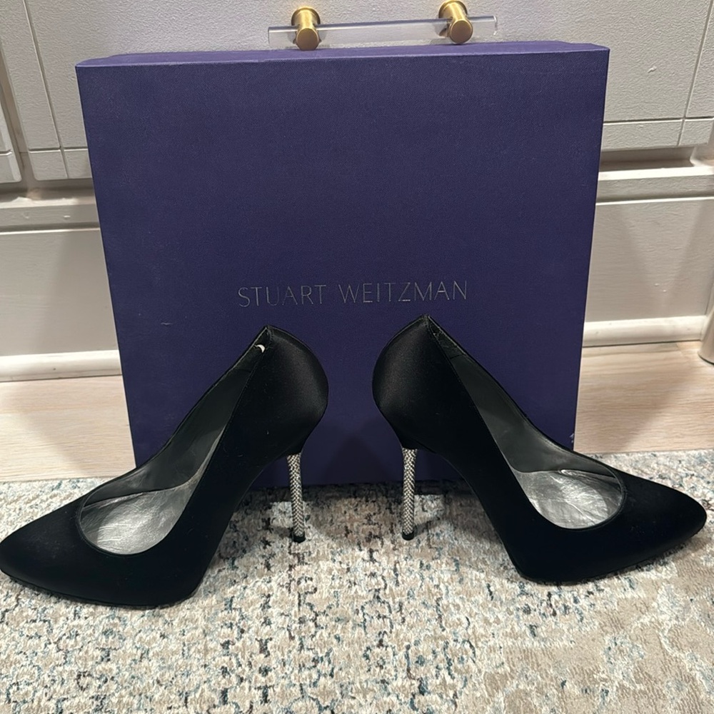 Stuart Weitzman black satin pump with embellished heel